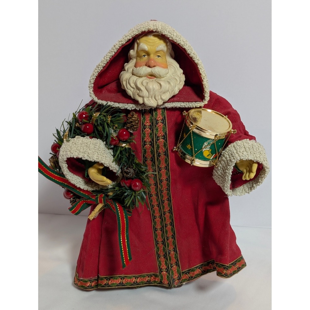 Vintage Santa Claus Christmas Figurine Paper Mache Stiffened Fabric Drum Wreath